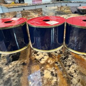 Navy Blue Christmas Ribbon with Gold Trim